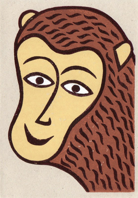 happy monkey linocut print