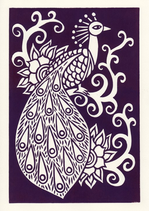 peacock linocut