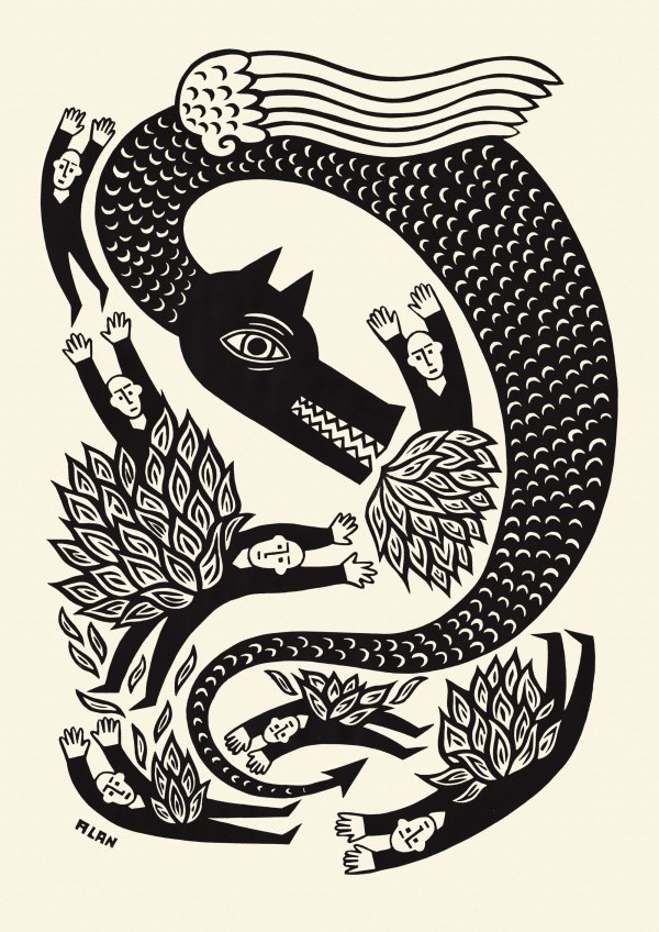 and the dragon. linocut print