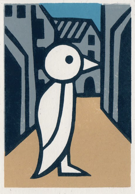 around town 3 linocut