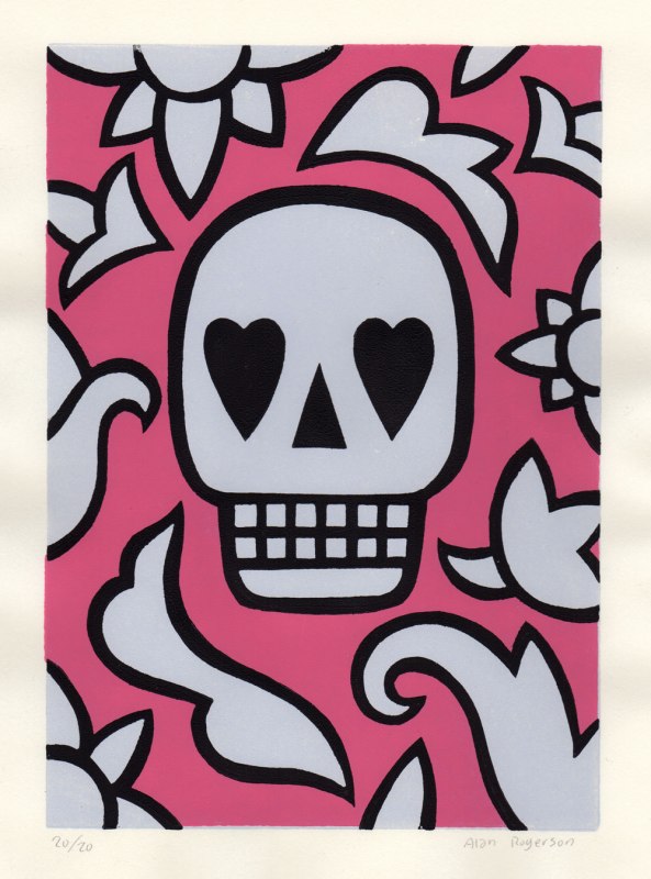 We all love a lot of pink and a little bit of death. Linocut